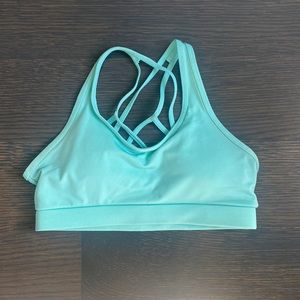 BRIGHT TEAL SIZE SMALL CROSSED BACK ATHLETIC SPORTS BRA WITH BUILT IN PADS
